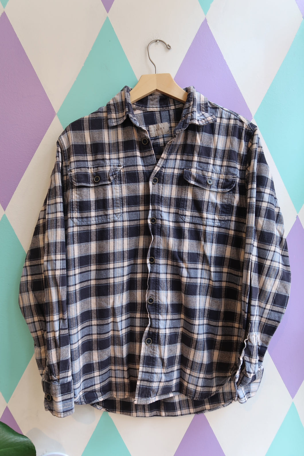 Jachs Flannel Button-Up Shirt – Navy & Grey Plaid Long Sleeve