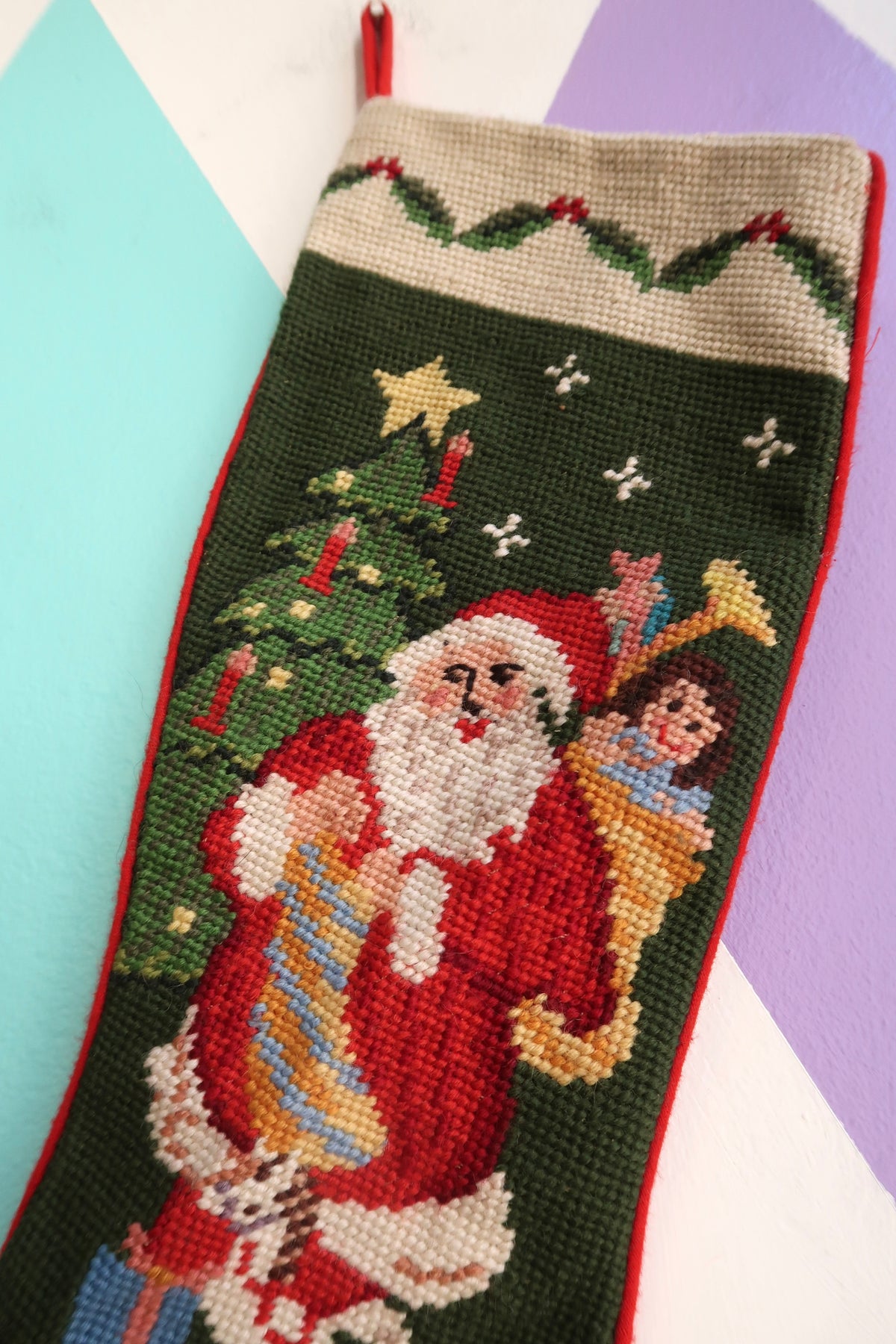 Vintage Needlepoint Christmas Stocking — Santa & Toys