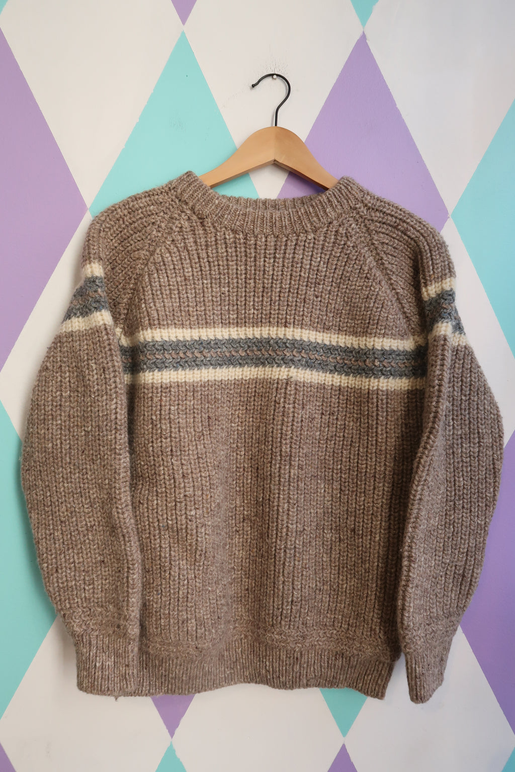 Vintage Hand-Knit Wool Sweater – Chunky Brown Stripe Pullover