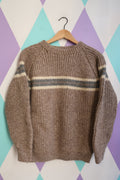 Vintage Hand-Knit Wool Sweater – Chunky Brown Stripe Pullover
