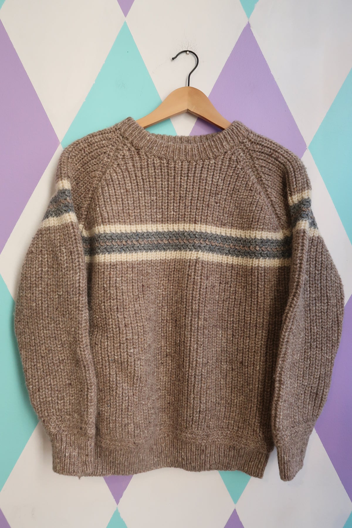 Vintage Hand-Knit Wool Sweater – Chunky Brown Stripe Pullover