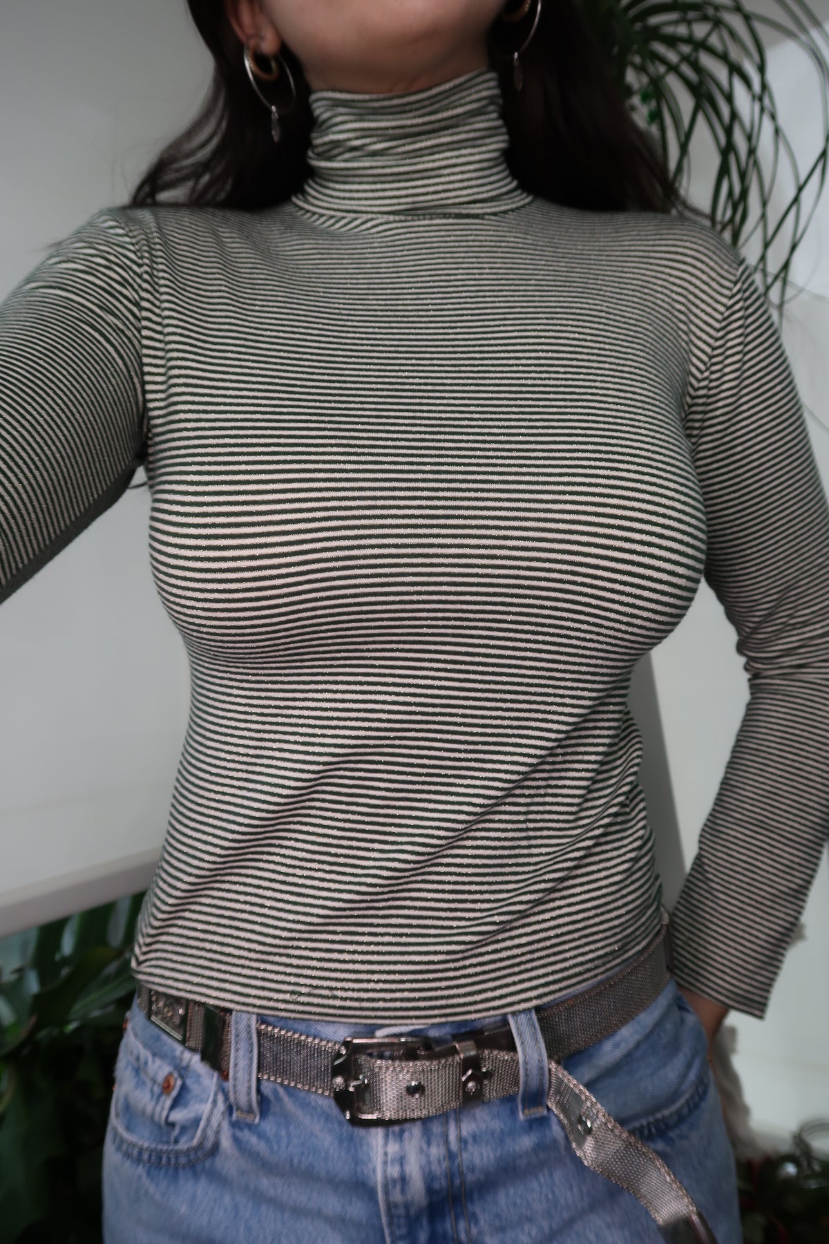 Vintage Green Pin Striped Long sleeve Turtleneck Top