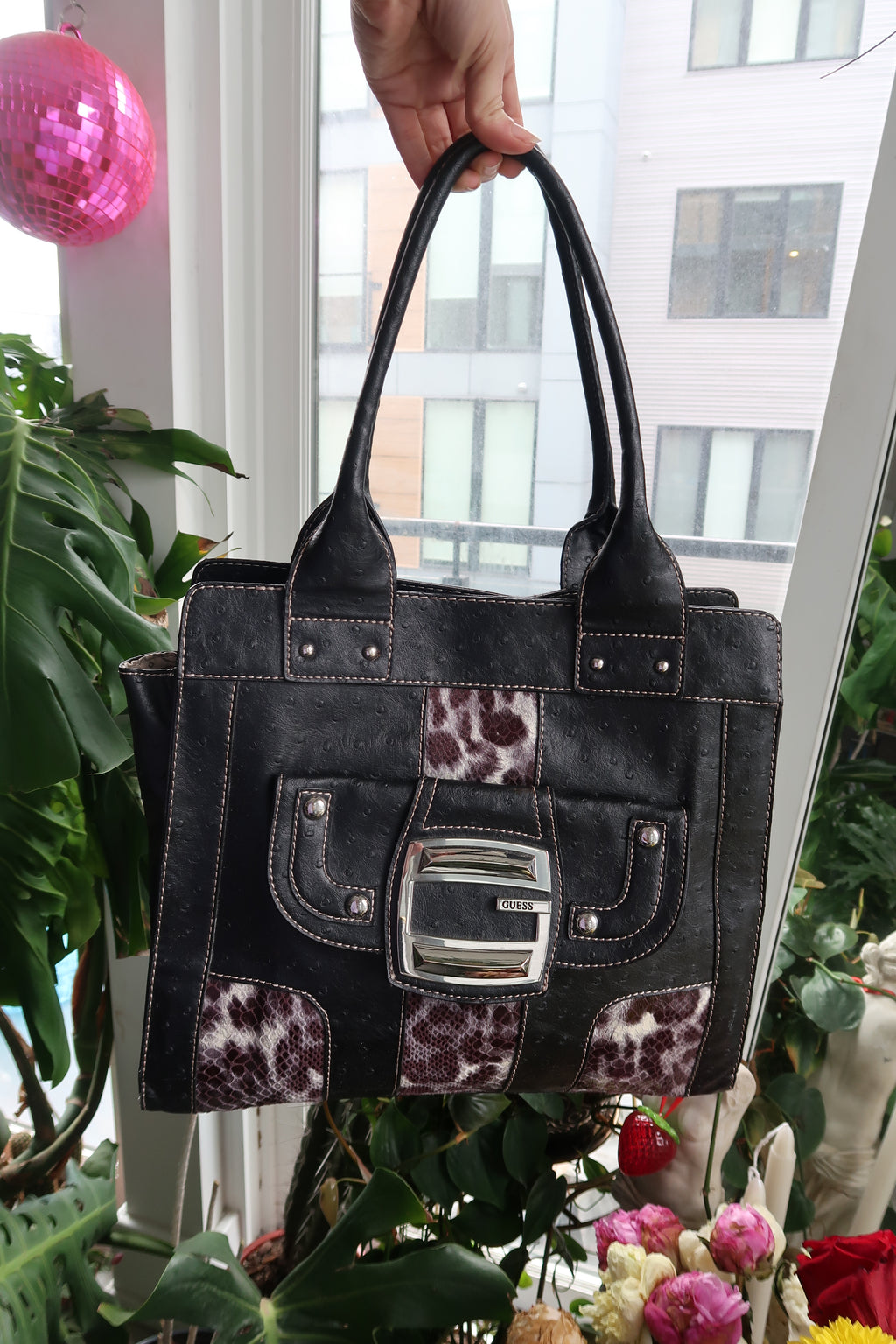 Vintage 2000s Guess snakeskin tote bag by Elektra Vintage, showing the textured snakeskin pattern and spacious interior.