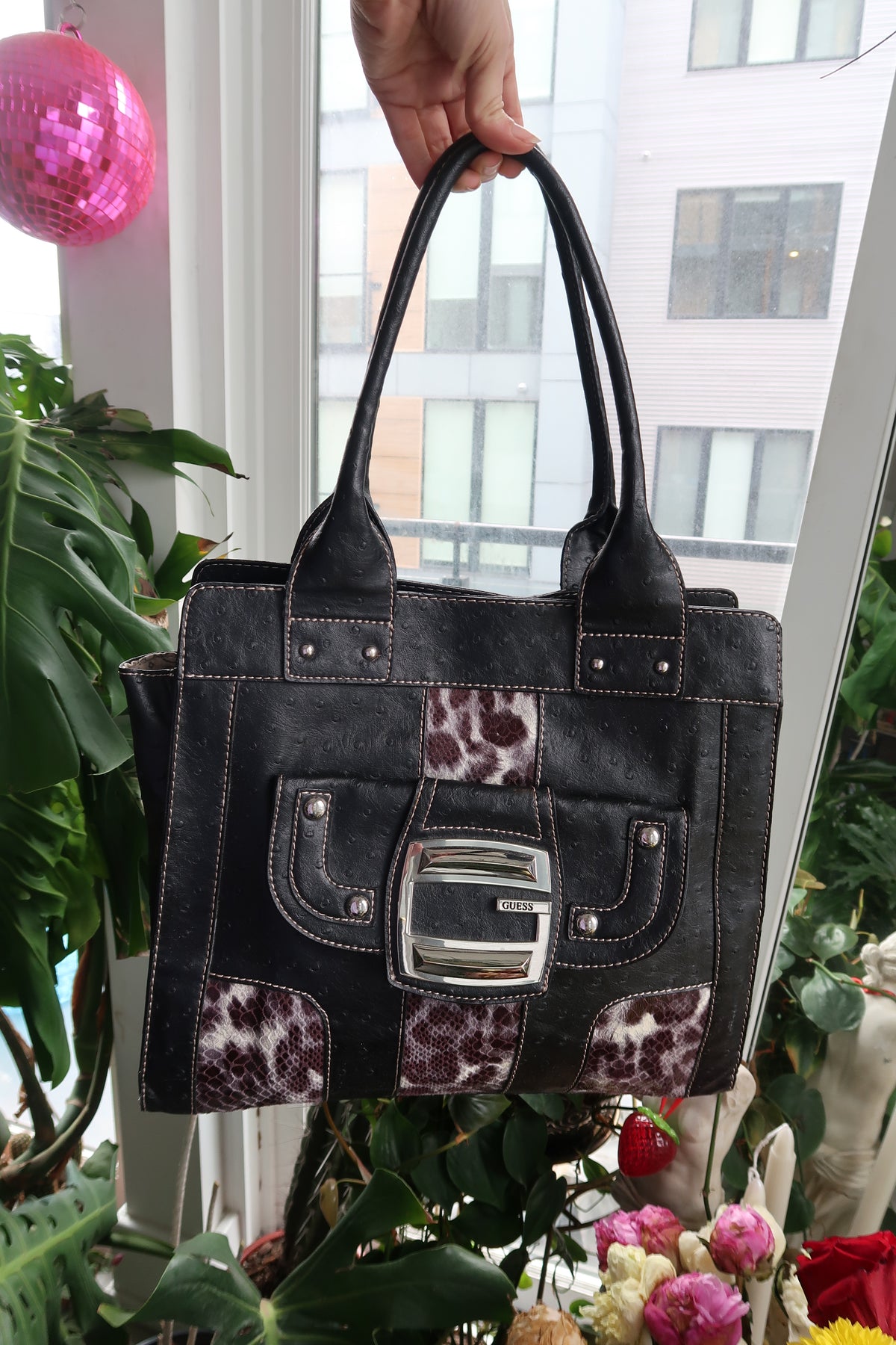 Vintage 2000s Guess snakeskin tote bag by Elektra Vintage, showing the textured snakeskin pattern and spacious interior.