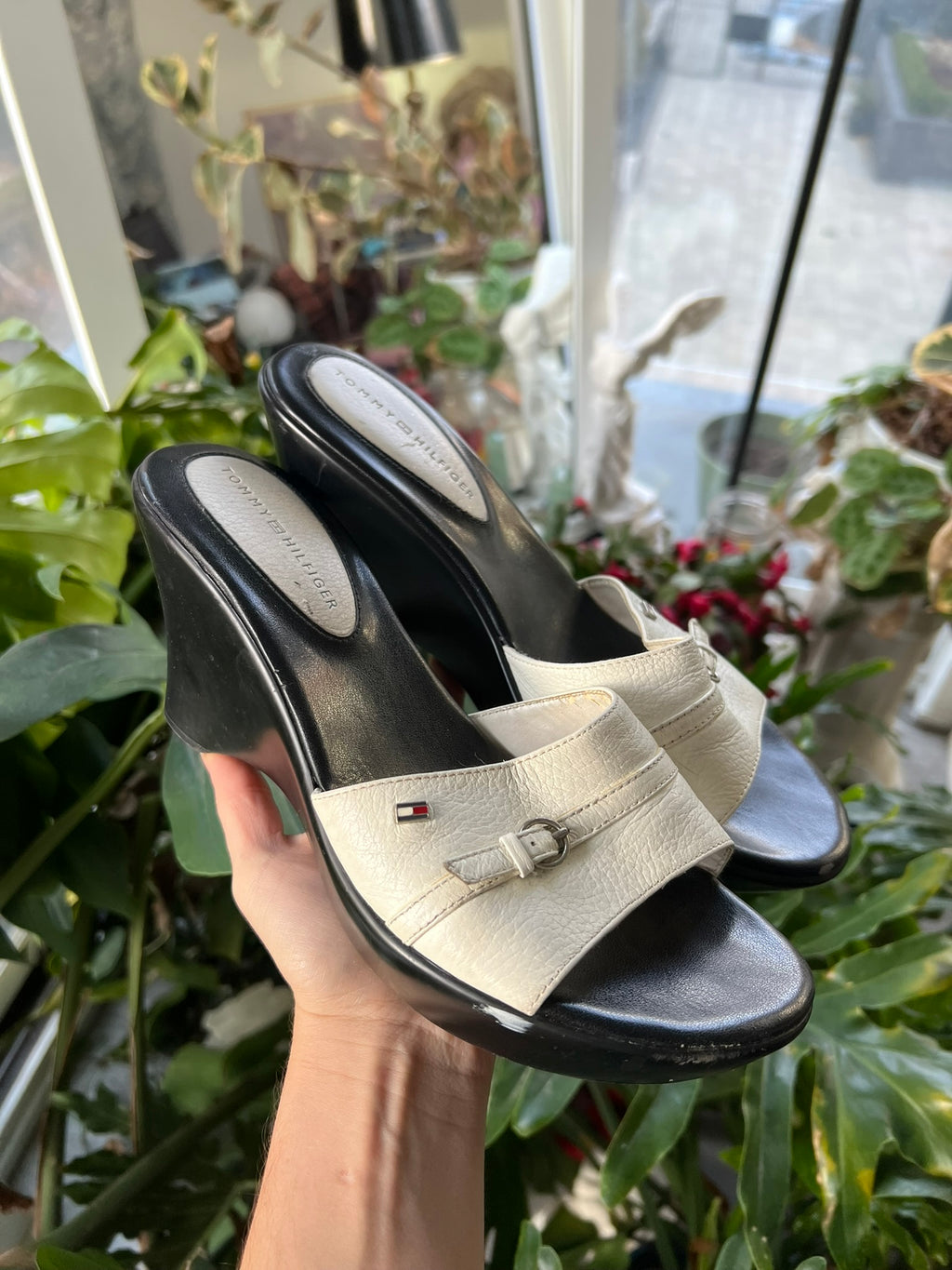 Vintage 2000s Tommy Hilfiger wedge sandals with cork heels and navy blue and red straps, by Elektra Vintage.