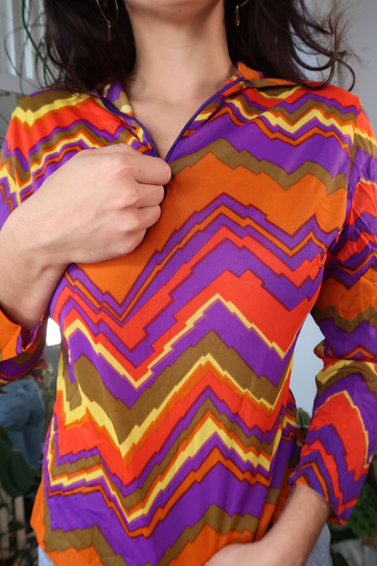Vintage 70s Orange and Purple Funky Pattern Quarter Zip