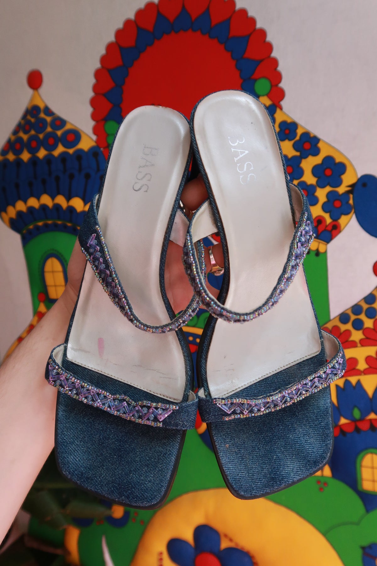 Vintage Denim Beaded Strap Heeled Sandals