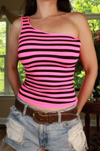 Load image into Gallery viewer, Elektra Vintage women's Y2K neon pink and black striped one-shoulder top with vintage retro style.
