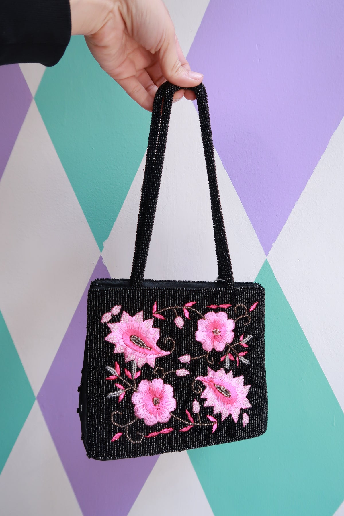 Vintage 2000s black beaded floral handbag with pink embroidery, mini purse style, by Elektra Vintage, Y2K statement bag.