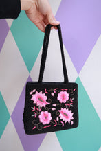 Load image into Gallery viewer, Vintage 2000s black beaded floral handbag with pink embroidery, mini purse style, by Elektra Vintage, Y2K statement bag.

