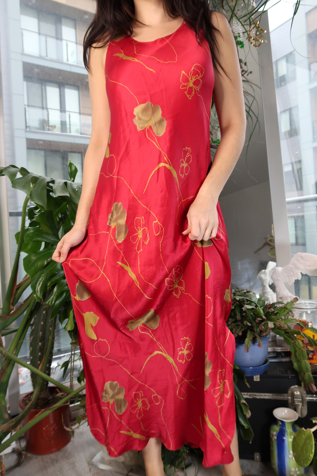 Vintage Red Floral Silk Dress
