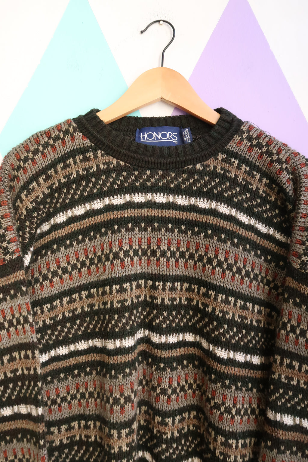 Vintage Honors 90s Earth-Tone Patterned Knit Sweater — Cozy Chunky Crewneck
