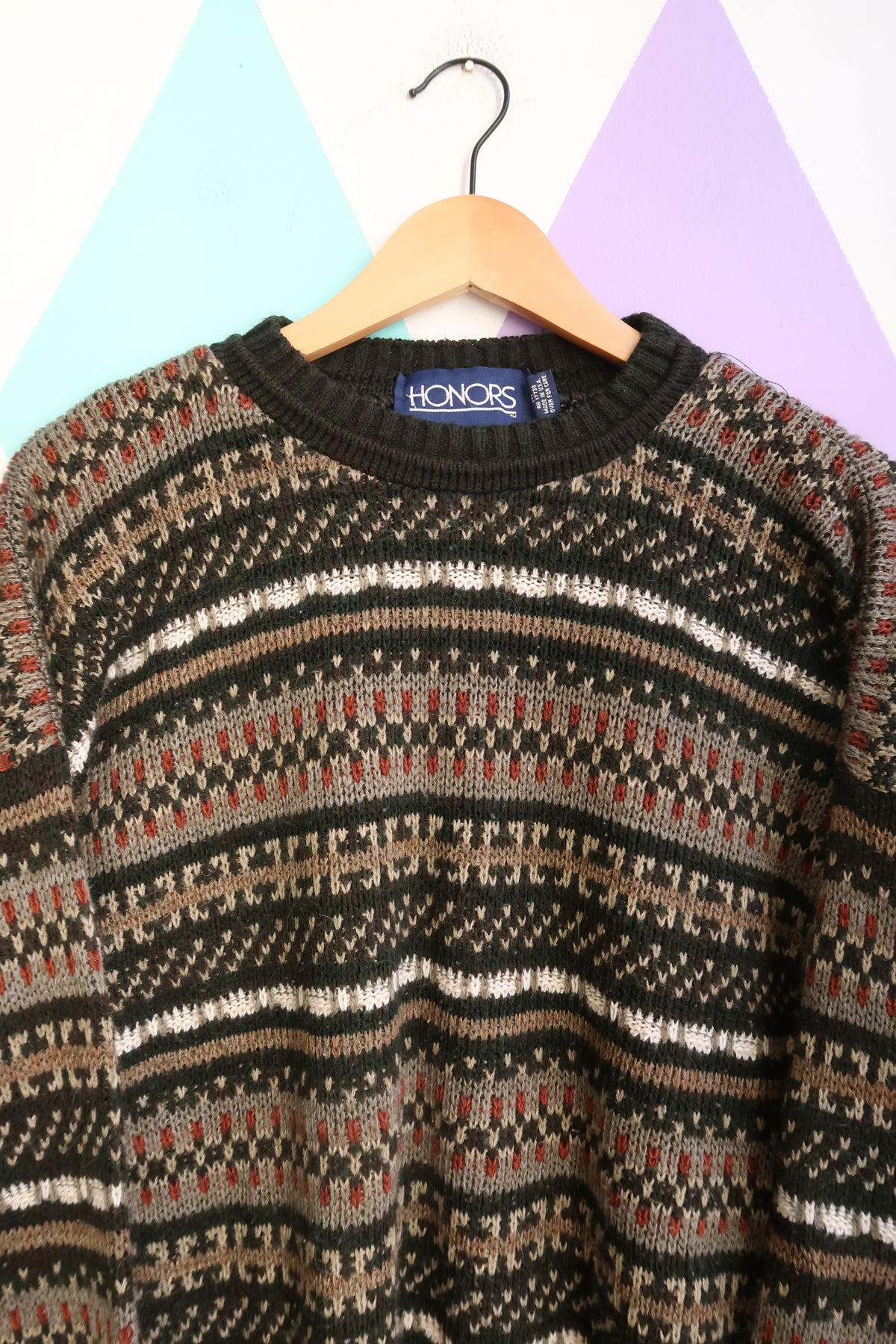 Vintage Honors 90s Earth-Tone Patterned Knit Sweater — Cozy Chunky Crewneck