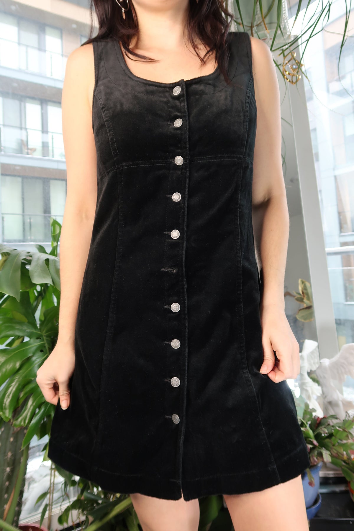 Vintage 1990s Gap Black Velvet Button Down Jumper Dress