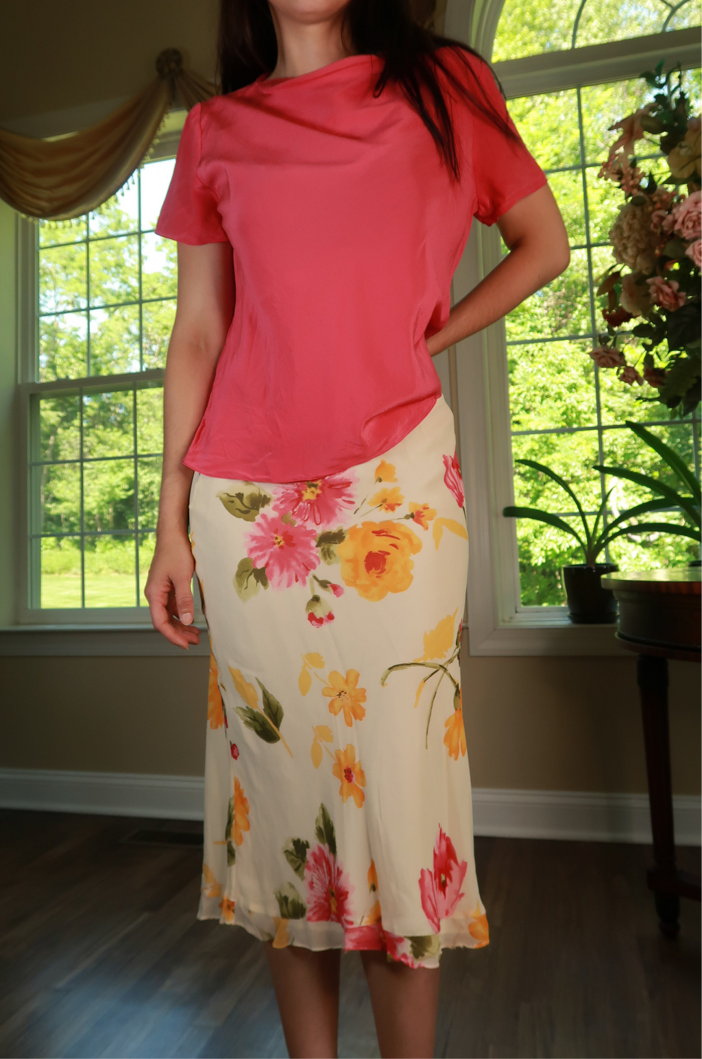 Elektra Vintage vintage silk cowl neck top and floral bias cut midi skirt two-piece dress set, elegant and stylish.