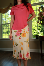 Load image into Gallery viewer, Elektra Vintage vintage silk cowl neck top and floral bias cut midi skirt two-piece dress set, elegant and stylish.
