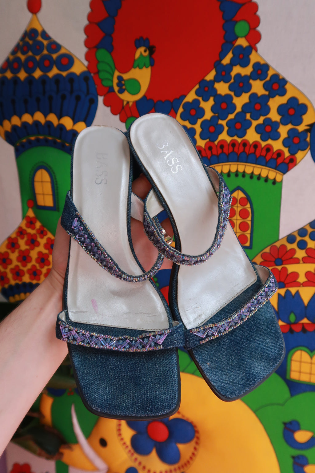Vintage Denim Beaded Strap Heeled Sandals