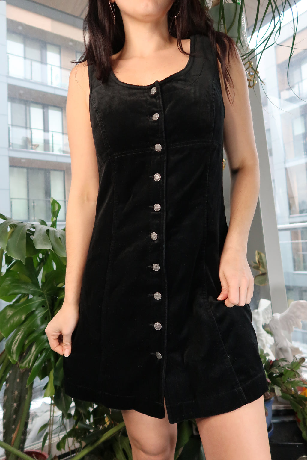 Vintage 1990s Gap Black Velvet Button Down Jumper Dress