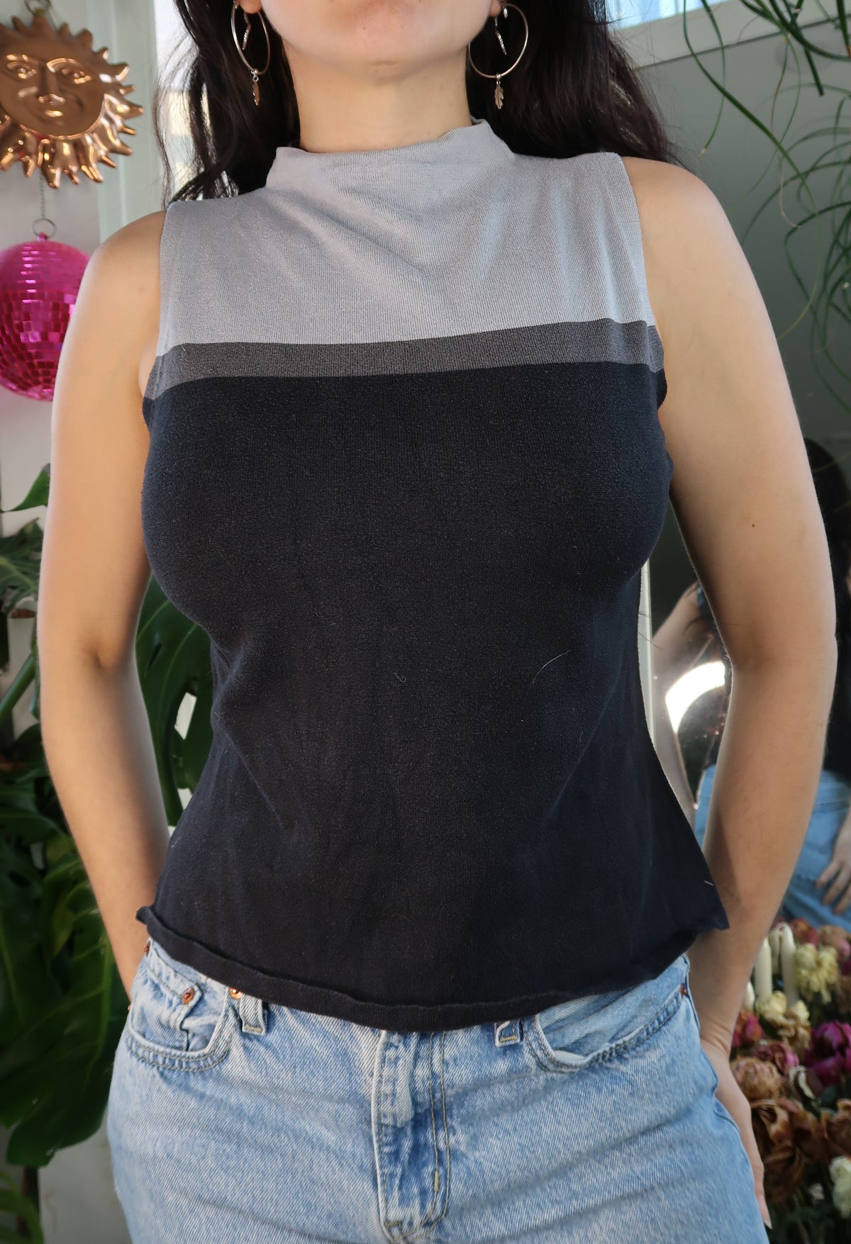 Vintage 2000s Silk Two Tone Knit Sleeveless Mockneck