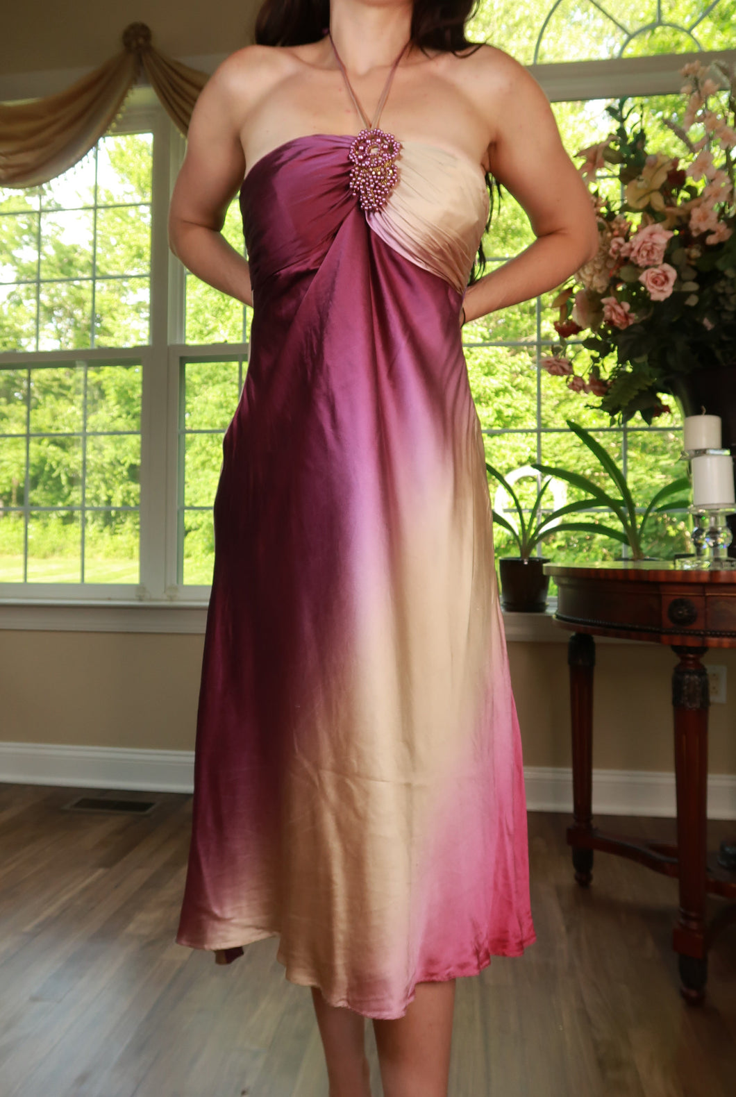 Vintage 2000s Silk Ombre Halter Midi Dress