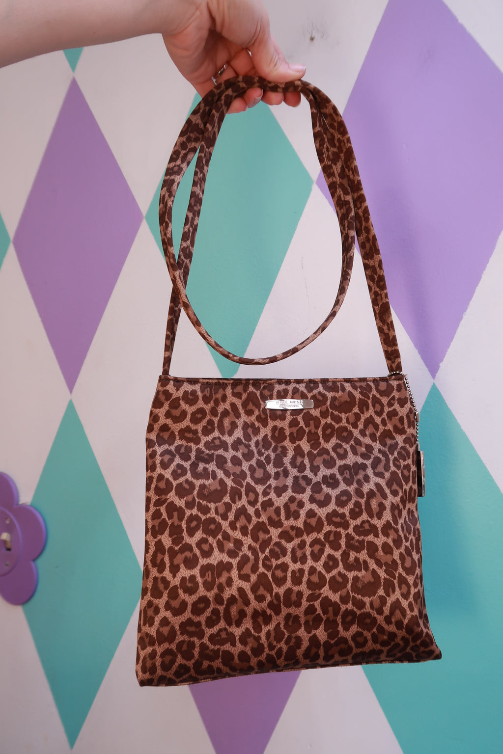 Vintage Nine West leopard print mini crossbody bag by Elektra Vintage, showing Y2K style shoulder purse with bold animal pattern.