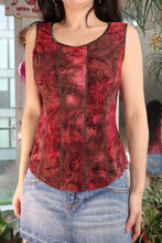 Load image into Gallery viewer, Vintage Red Floral Mesh Corset-Style Top – Panel Tank with Contrast Trim
