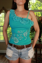 Load image into Gallery viewer, Vintage Elektra Vintage women's one-shoulder top with aqua floral embroidery and Y2K-inspired design, showcasing embroidered floral details.

