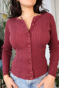 Vintage 2000s Aeropostale burgundy knit long sleeve women's button-up top by Elektra Vintage.