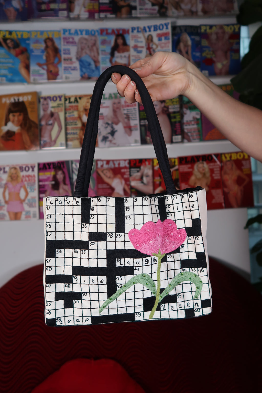 Vintage Embroidered Crossword Bag with Beaded Flower