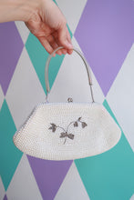 Load image into Gallery viewer, Elektra Vintage vintage beaded pearl handbag with silver floral embellishments, top handle, perfect for bridal or evening occasions.
