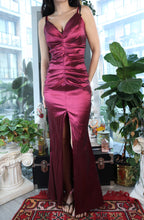 Load image into Gallery viewer, Vintage 2000s Burgundy Metallic Ruched Gown with Front Slit
