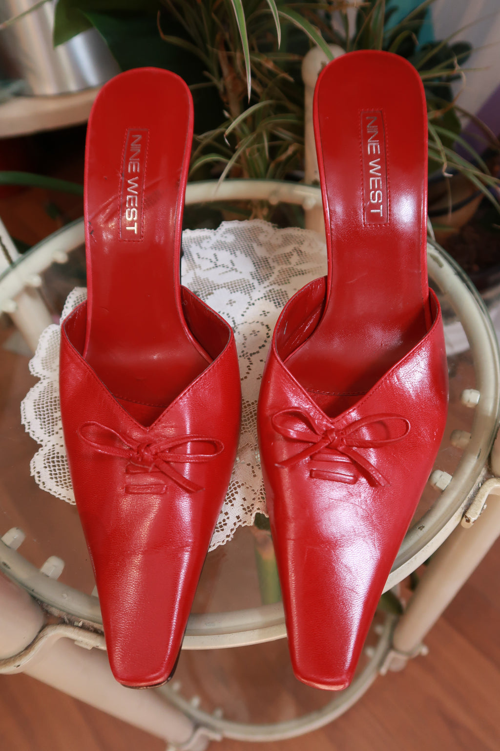 Vintage Nine West Red Leather Pointed Toe Kitten Heels