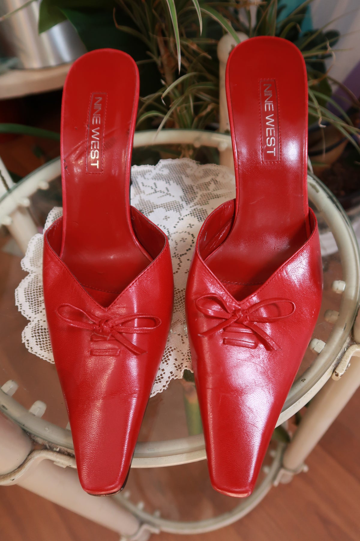 Vintage Nine West Red Leather Pointed Toe Kitten Heels