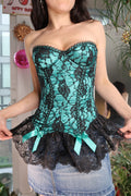 2000s Frederick's of Hollywood Teal Black Lace Corset