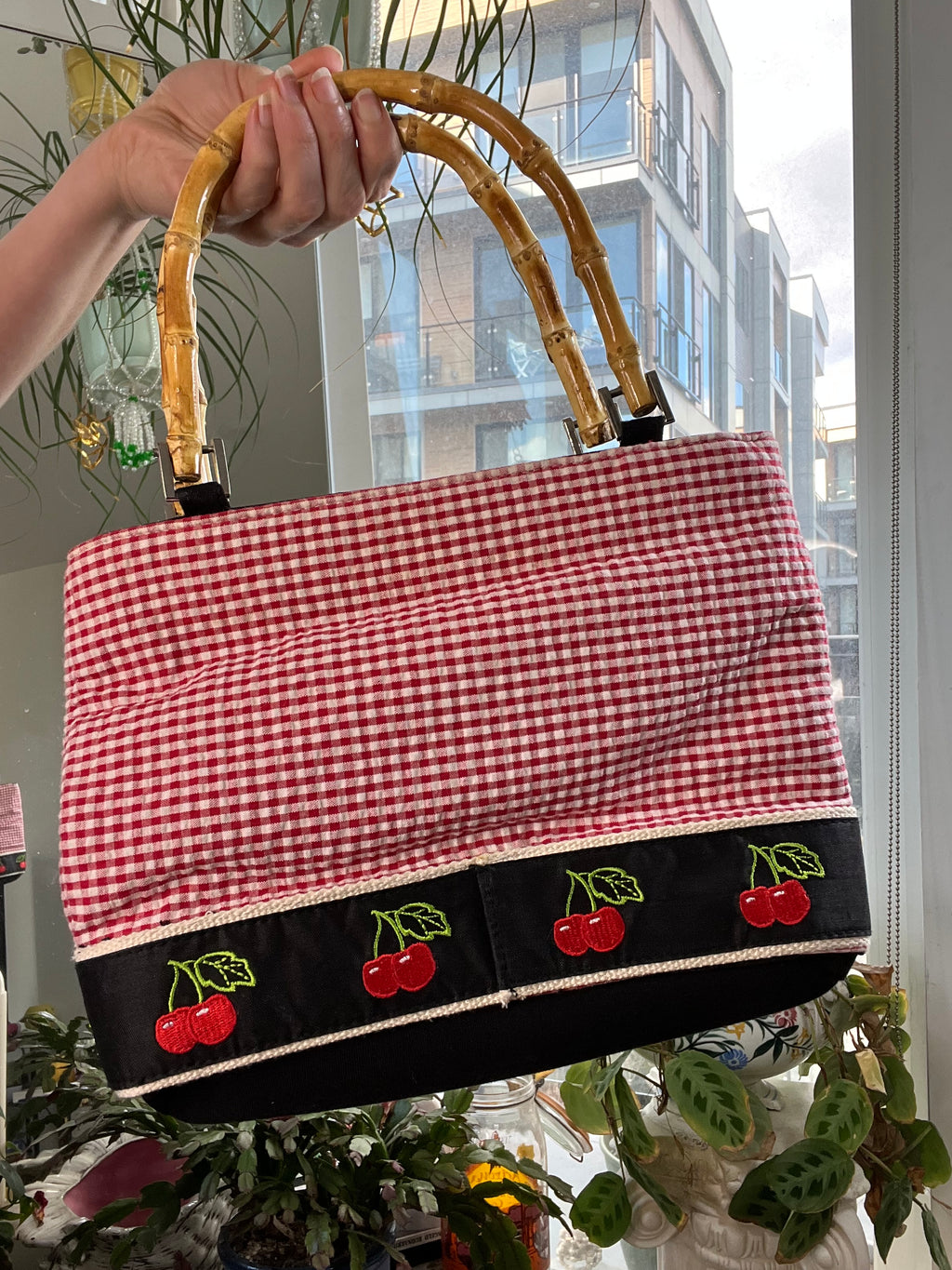 Vintage 2000s Gingham Cherry Bag with bamboo handles by Elektra Vintage, featuring a classic cherry print and woven bamboo accents.