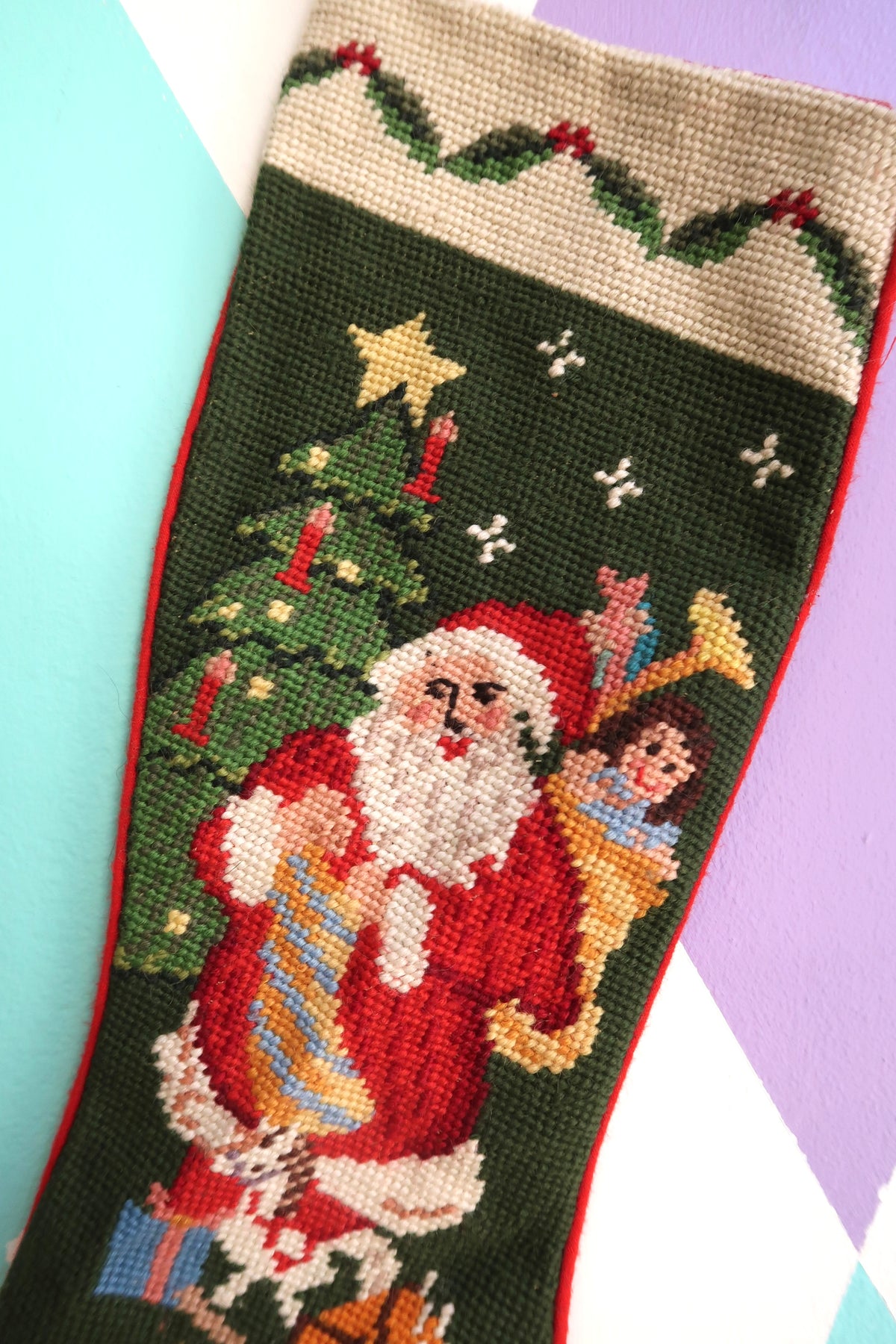 Vintage Needlepoint Christmas Stocking — Santa & Toys