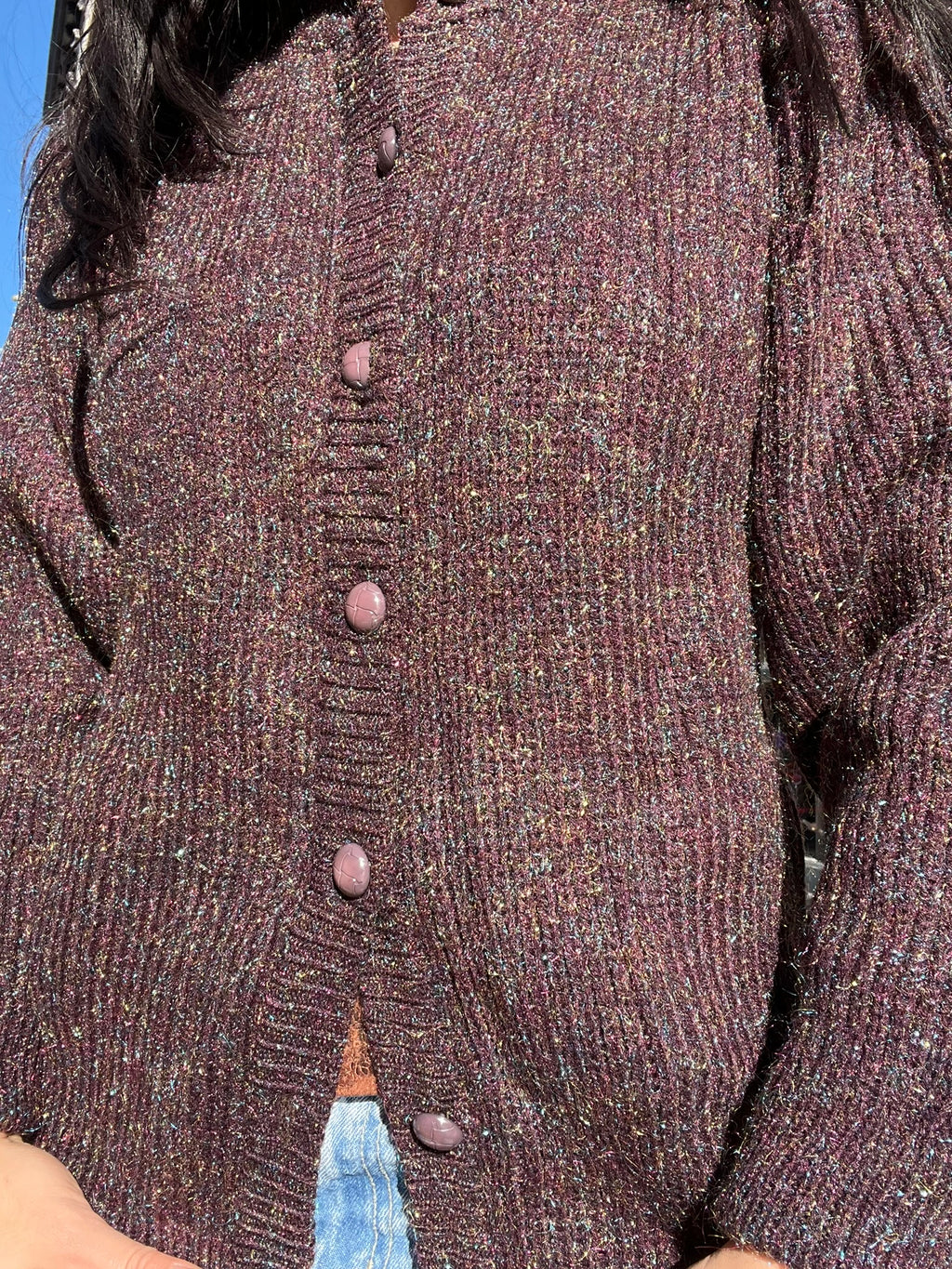 Elektra Vintage vintage plum metallic knit cardigan with long sleeves and a cozy fit, displayed on a hanger against a neutral background.