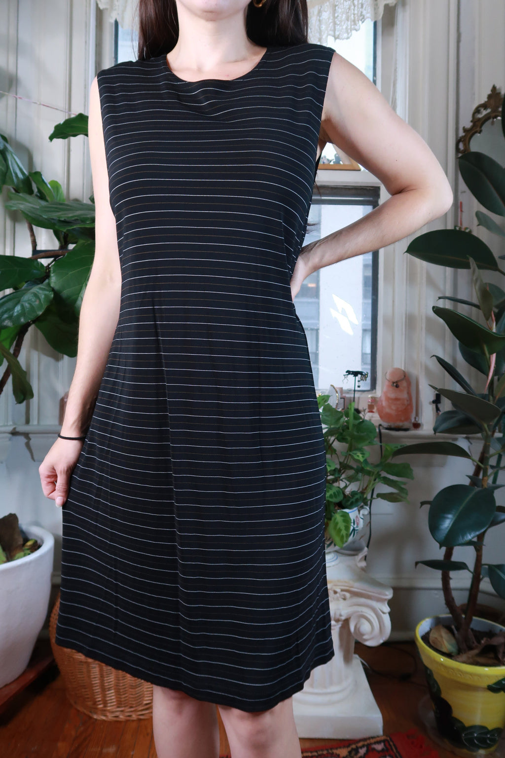 Vintage 2000s Gap black striped slinky midi dress by Elektra Vintage, featuring a fitted silhouette and stylish retro design.