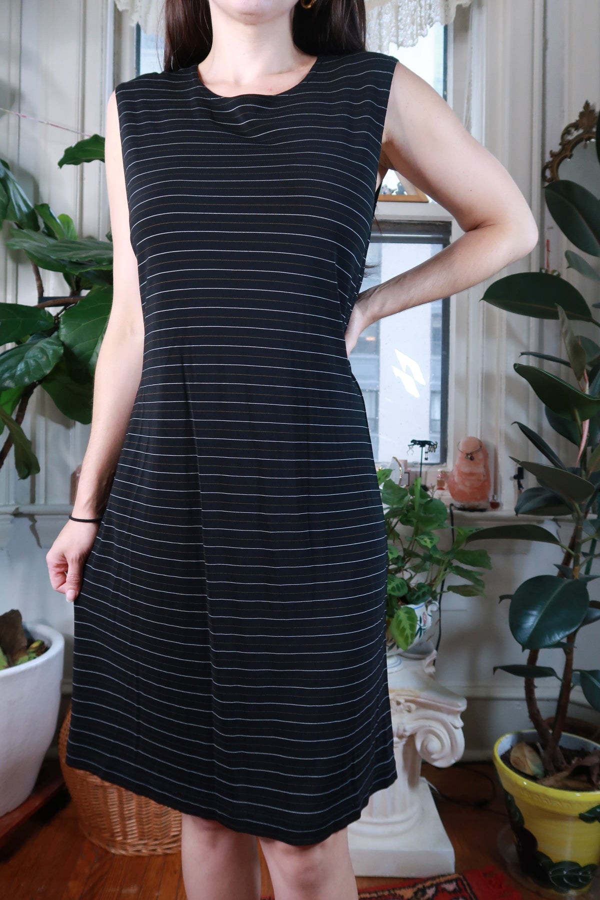 Vintage 2000s Gap black striped slinky midi dress by Elektra Vintage, featuring a fitted silhouette and stylish retro design.