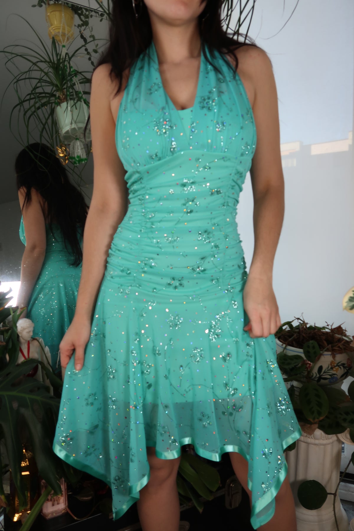 Vintage teal glittery fairycore dress by Elektra Vintage, featuring a flowing design with shimmering details.