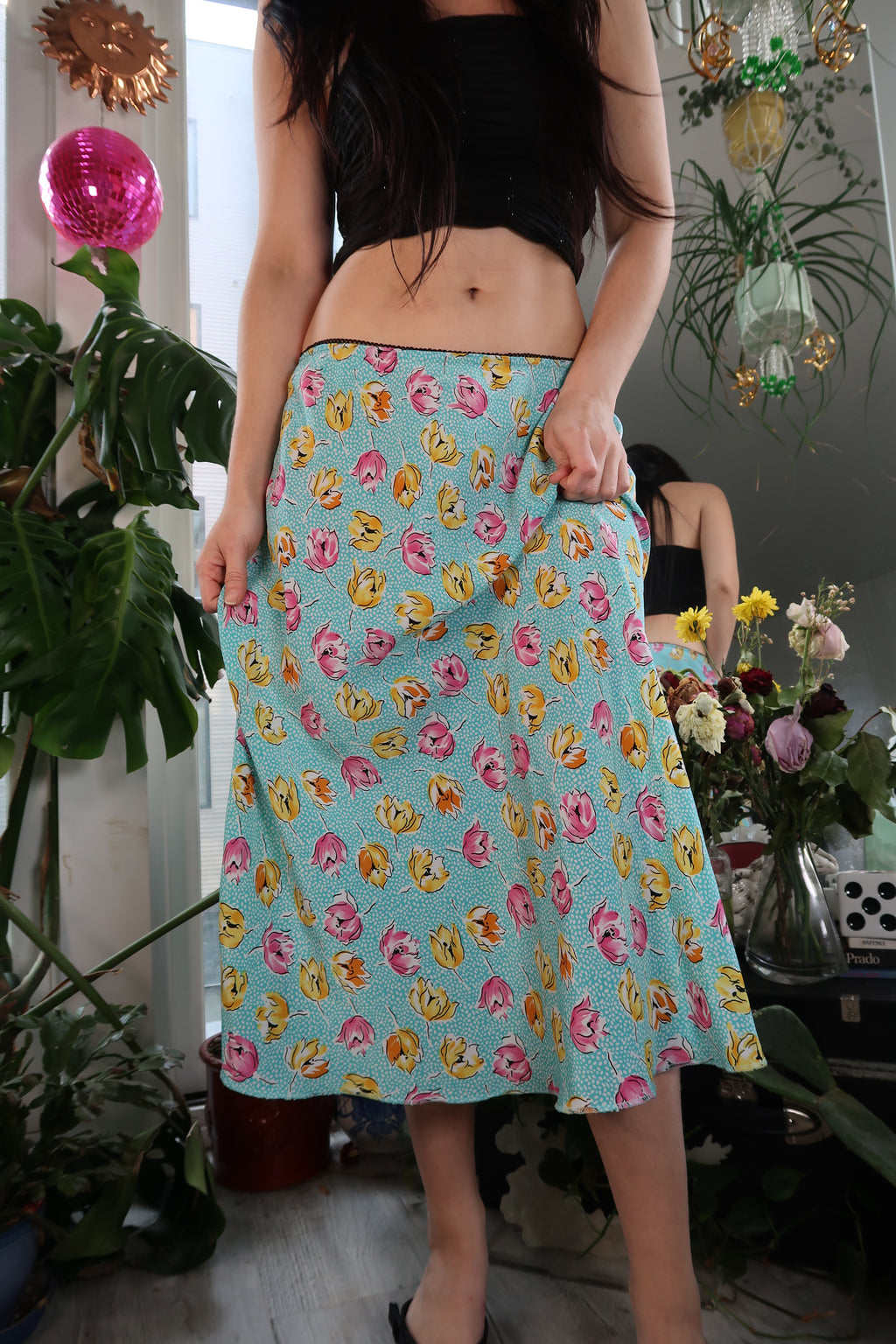 Vintage 2000s Pink and Yellow Roses Midi Skirt - Elektra Vintage