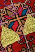 Elektra Vintage Y2K Aeropostale neon yellow lace overlay triangle bikini top for women, featuring bold color and delicate lace details.