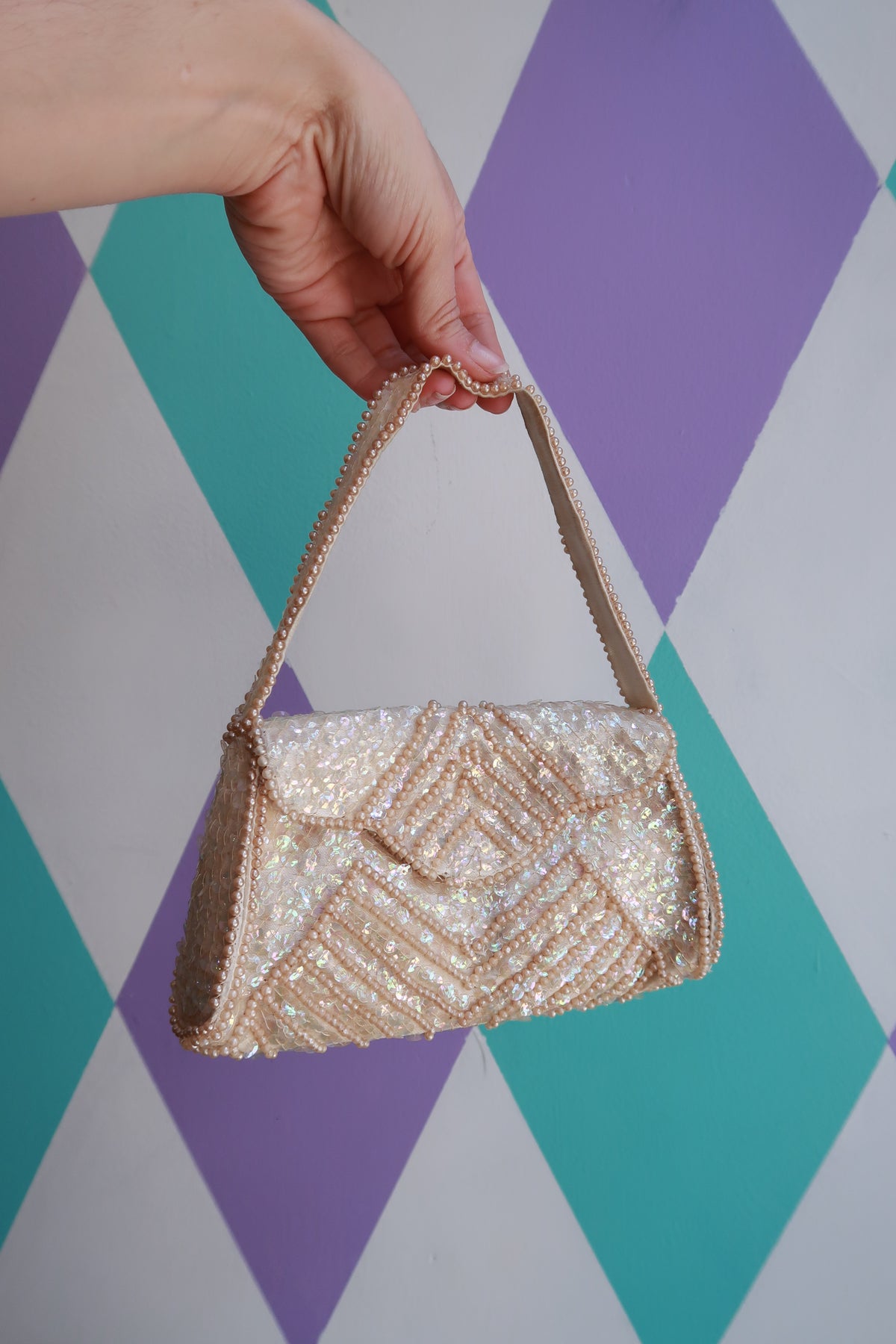 Elektra Vintage ivory beaded sequin pearl mini handbag, bridal clutch with iridescent details, made in Japan.