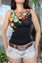 Load image into Gallery viewer, Vintage Black Knit Tank Top with Colorful Crochet Flowers &amp; Beaded Detail – Y2K Festival Statement Top
