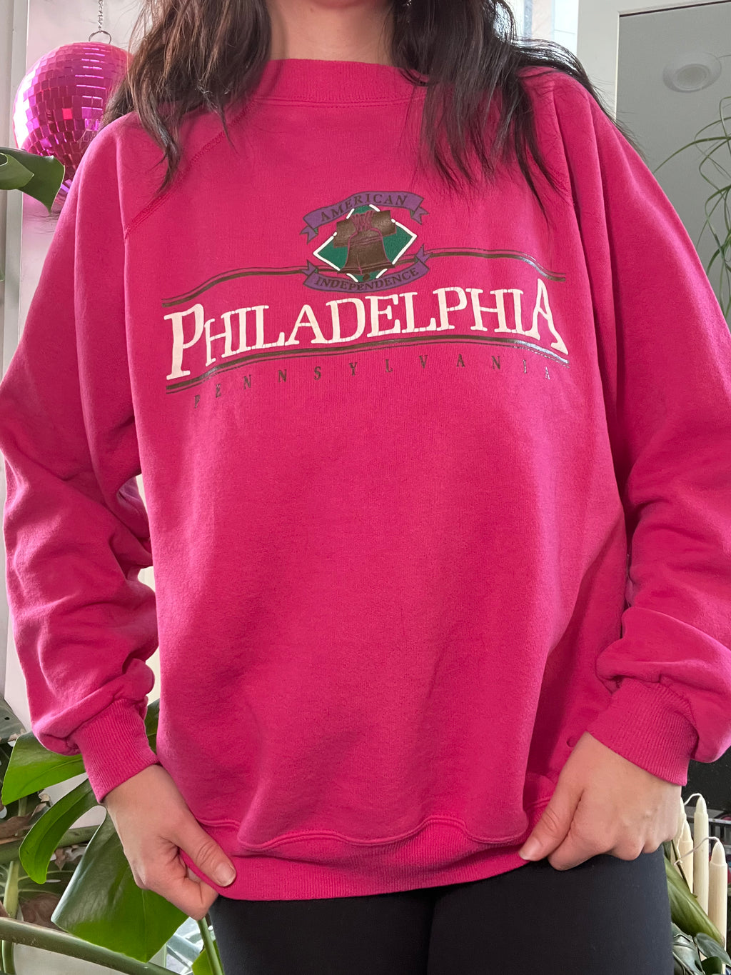 Vintage Elektra Vintage Philadelphia Pennsylvania graphic crewneck sweatshirt with retro city design on front.