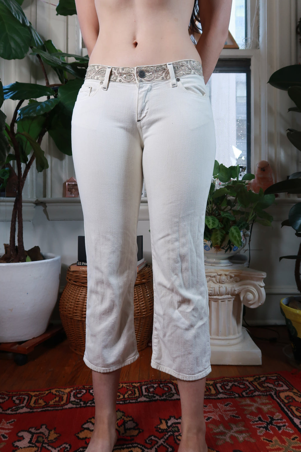 Elektra Vintage women's vintage cream embroidered waistband low rise capris with relaxed fit and detailed embroidery.