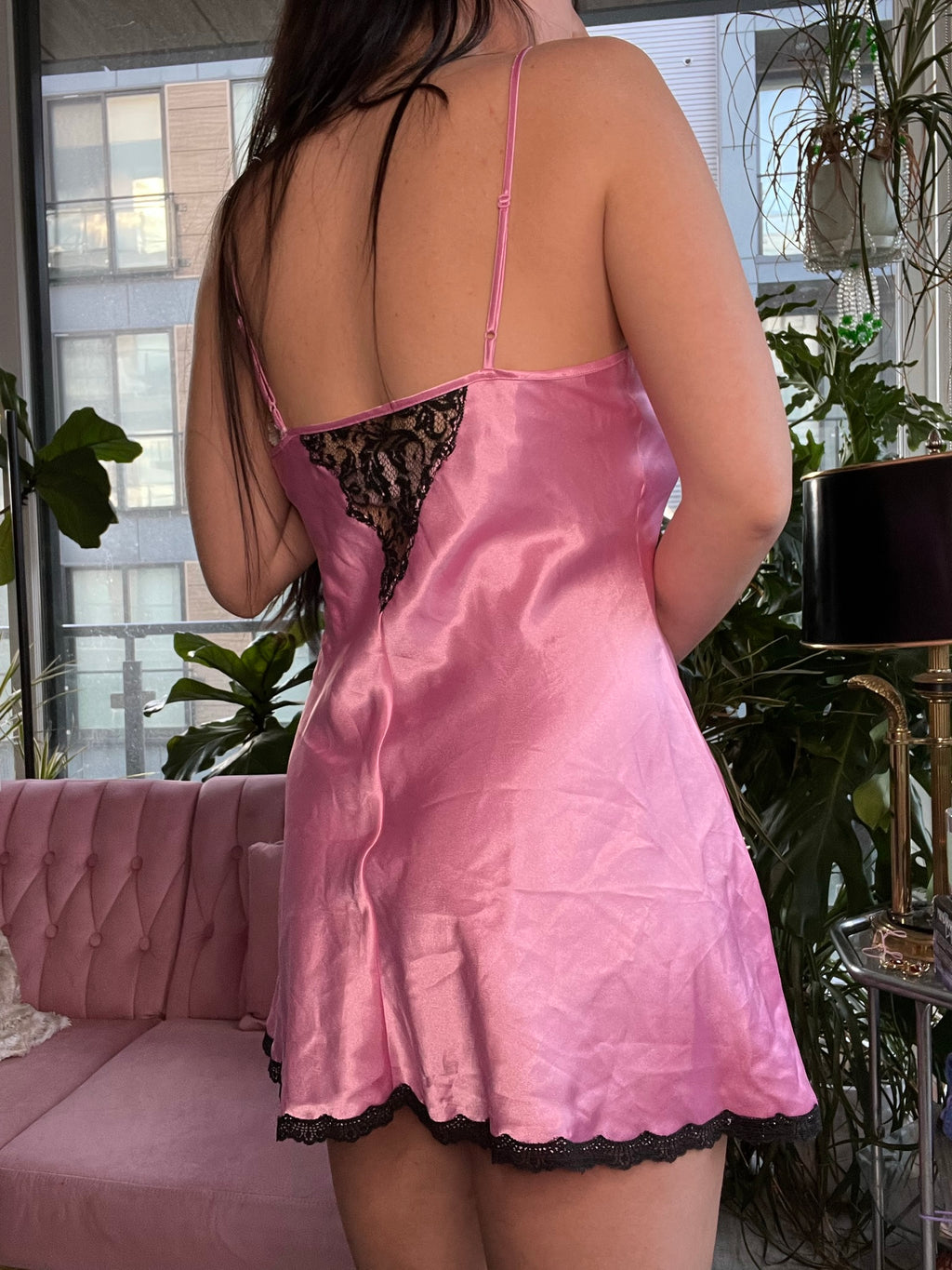 Gold Label Vintage Victoria's Secret Pink Satin Slip Dress with Black Lace Cut Outs - Elektra Vintage