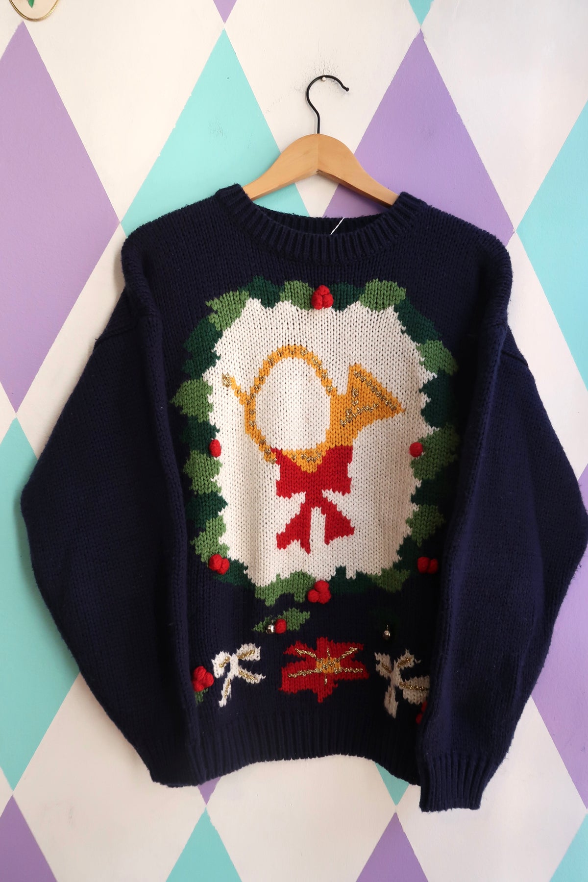 Vintage 80s/90s Navy Christmas Sweater – Horn Wreath Knit Holiday Pullover - Elektra Vintage