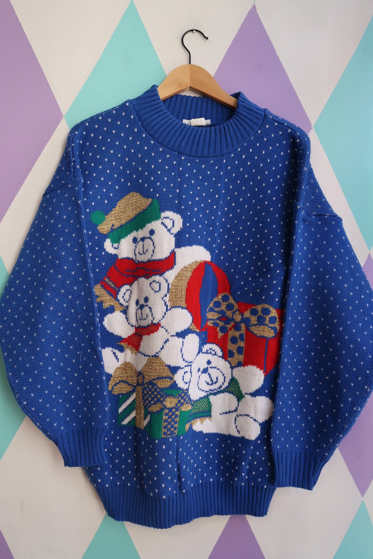 Vintage 90s Christmas Teddy Bear Sweater – Royal Blue Knit