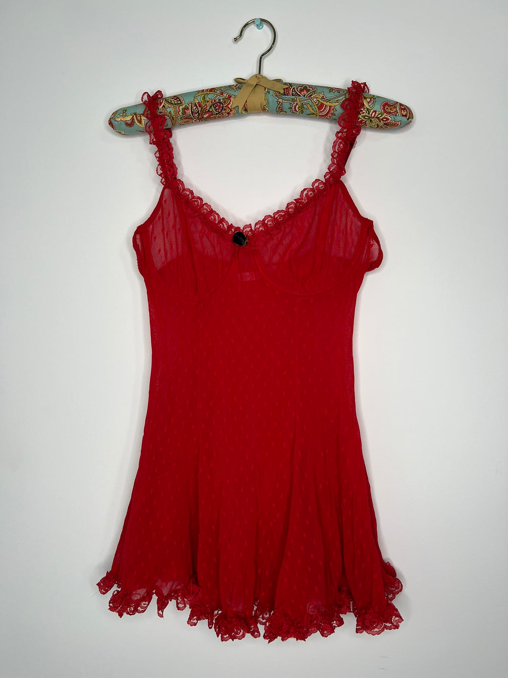 Red lace women's top by Elektra Vintage, vintage 2000s Victoria's Secret style, featuring delicate lace fabric and fitted design.